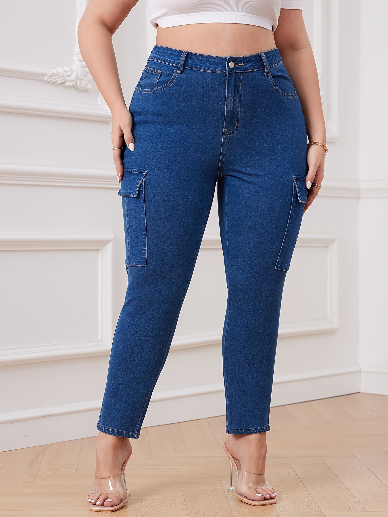 Women's Casual Jeans, Plus Size Side Flap Pocket Plain Blue High Waisted Cargo Slim Fit Denim Pants