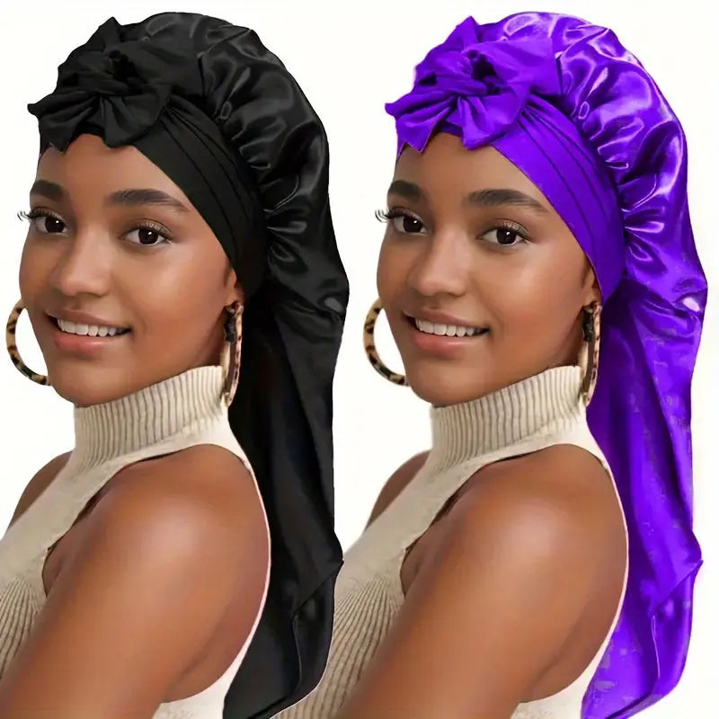 [Satin Sleep Caps] 2pcs Extra Long Satin Sleep Caps - Soft 100% Polyester, Adjustable Tie Design, Comfortable & Stylish for Women in Black & Pink Chic Le'Meek