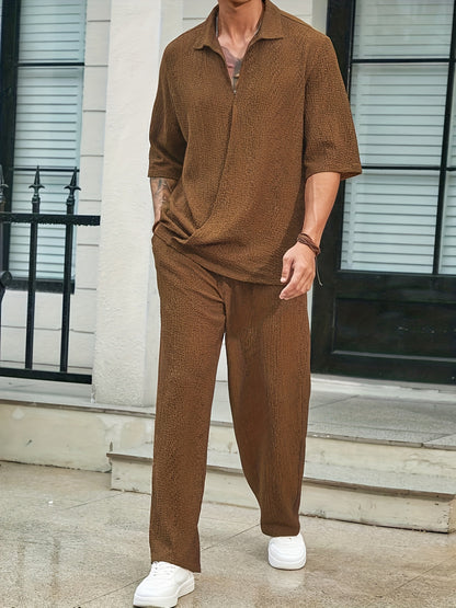 Men's Casual Commuter Pants Set: Solid Color V-Neck Short Sleeve Shirt + Ripple Pattern Long Pants Two-Piece Set