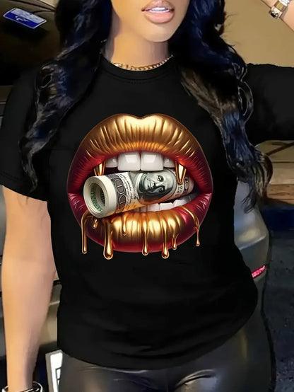Plus Size Bold Lip - Print T - Shirt For Women | Casual Crew Neck, Medium Stretch | Ideal For Making A Statement & Outdoor Chic Le'Meek