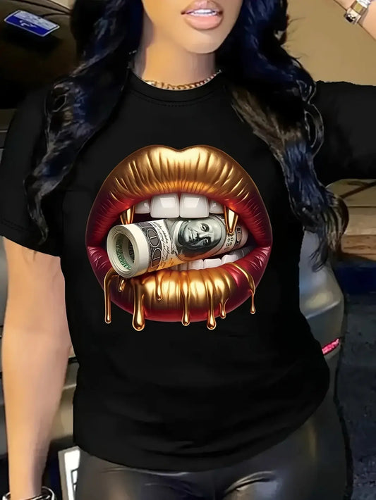 Plus Size Bold Lip - Print T - Shirt For Women | Casual Crew Neck, Medium Stretch | Ideal For Making A Statement & Outdoor Chic Le'Meek