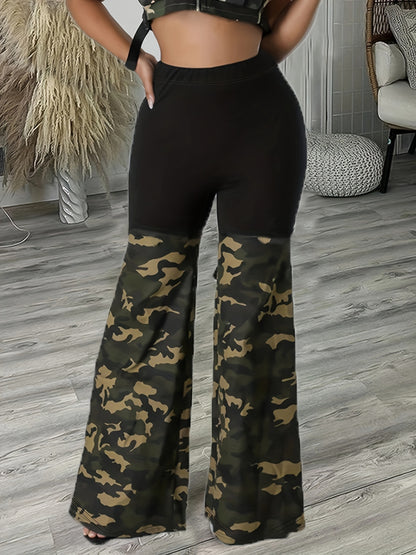 Plus Size Wide Leg Color Block Camouflage Pants - Soft Slight Stretch Polyester Fabric, Machine Washable, Random Printing, Black Fashion Style