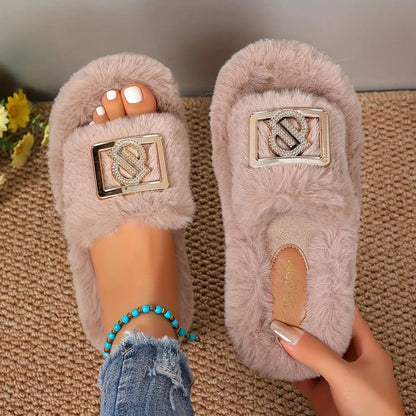 [Plush Slippers] Comfortable Women's Plush Slippers | Thick Sole, Faux Furry Material, Black/Brown/Grey, Metallic Buckle - Indoor Shoes for All Seasons Chic Le'Meek