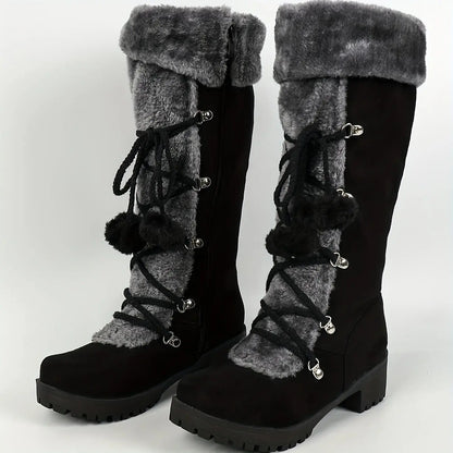 Warm Mid-Calf Winter Snow Boots - Elegant Women's Fur-Lined Knight Boots with Chunky Heel, Pom-Pom Accents & Side Zipper - Cozy Thermal Insulated Riding Boots for Cold Weather Chic Le'Meek
