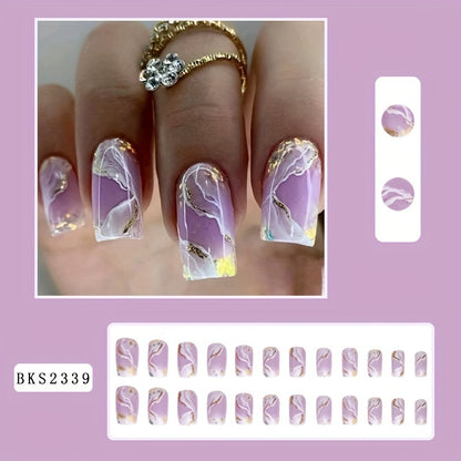 96-Piece Square Press On Nails - Chic Short Square Shape, Smudge Marble & Glitter Line Design, Full Cover False Nails for Women and Girls - 4 Packs Value Set