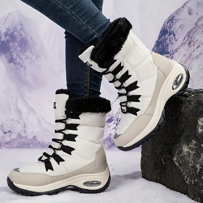 Warmth & Comfort Guaranteed: Womens Thickened Air Cushion Snow Boots - Flannel Lined, Non-Slip, Round Toe, PU Sole, Non-Woven Upper - Perfect for Hiking and Winter Activities Chic Le'Meek