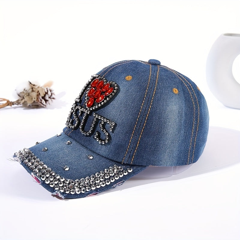 "I Love Jesus" Letter Rhinestone Baseball Cap, Distressed Sun Protection Ponytail Denim Hat, Casual Sports Hat For Women