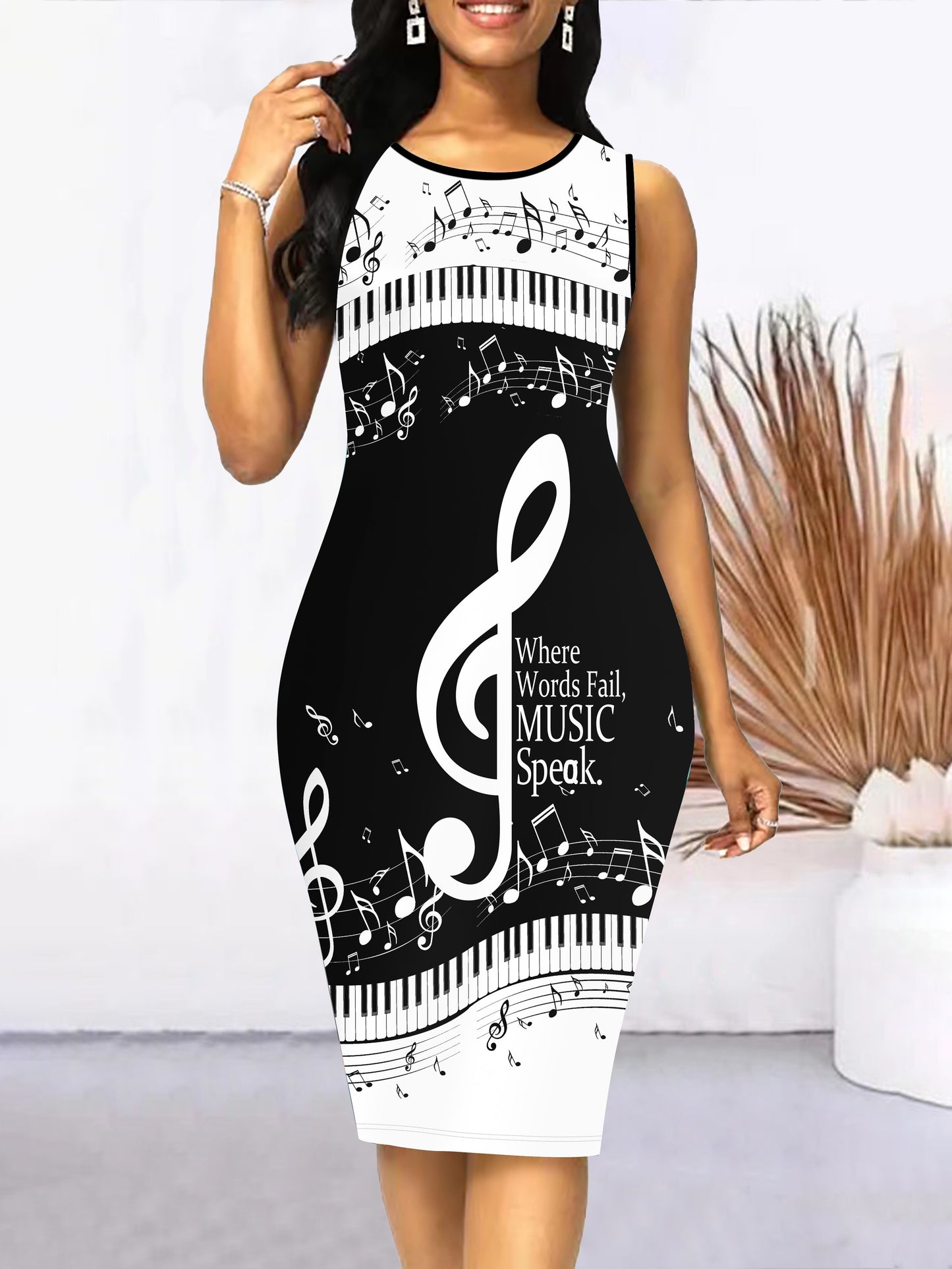 Plus Size Elegant Music Note Print Bodycon Tank Dress - Crew Neck, Medium Stretch Polyester, Machine Washable - Perfect for Spring and Summer