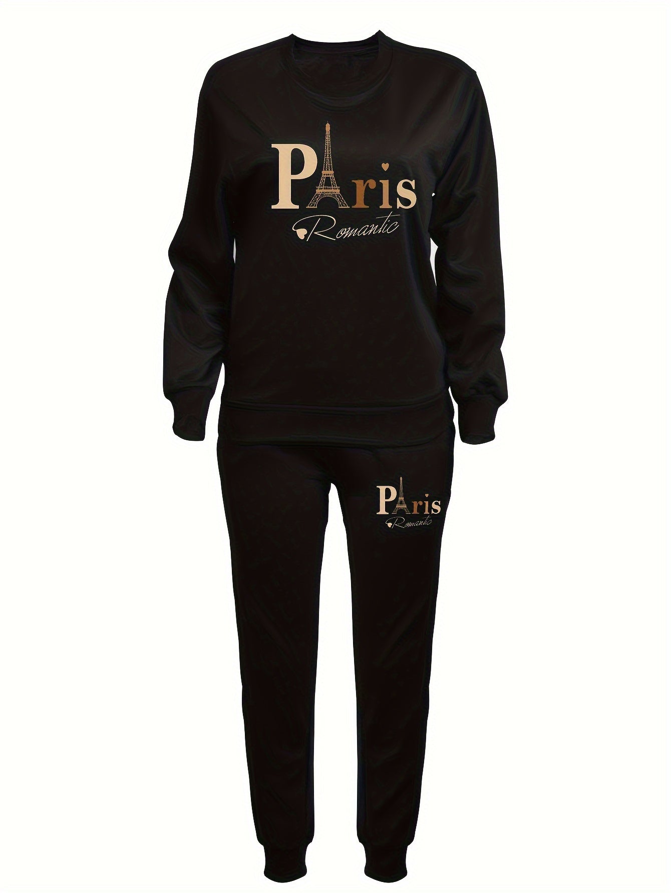 Plus Size Paris Letter Print Two-piece Set, Long Sleeve Crew Neck Sweatshirt & Pants Outfits, Women's Plus Size Clothing