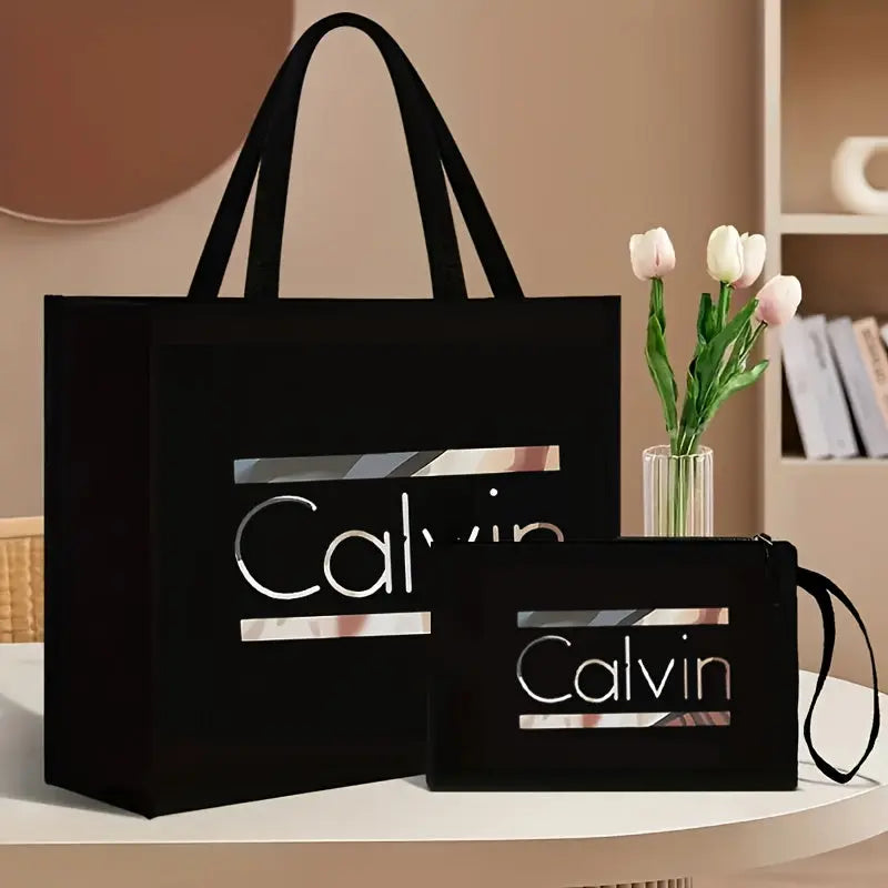 [Chic Calvin Print Set] Durable Two-Piece Canvas Tote & Cosmetic Bag Set Temu