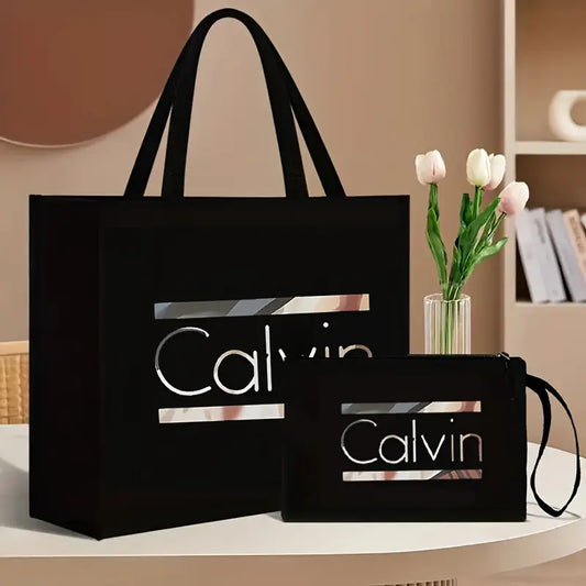 [Chic Calvin Print Set] Durable Two-Piece Canvas Tote & Cosmetic Bag Set Temu
