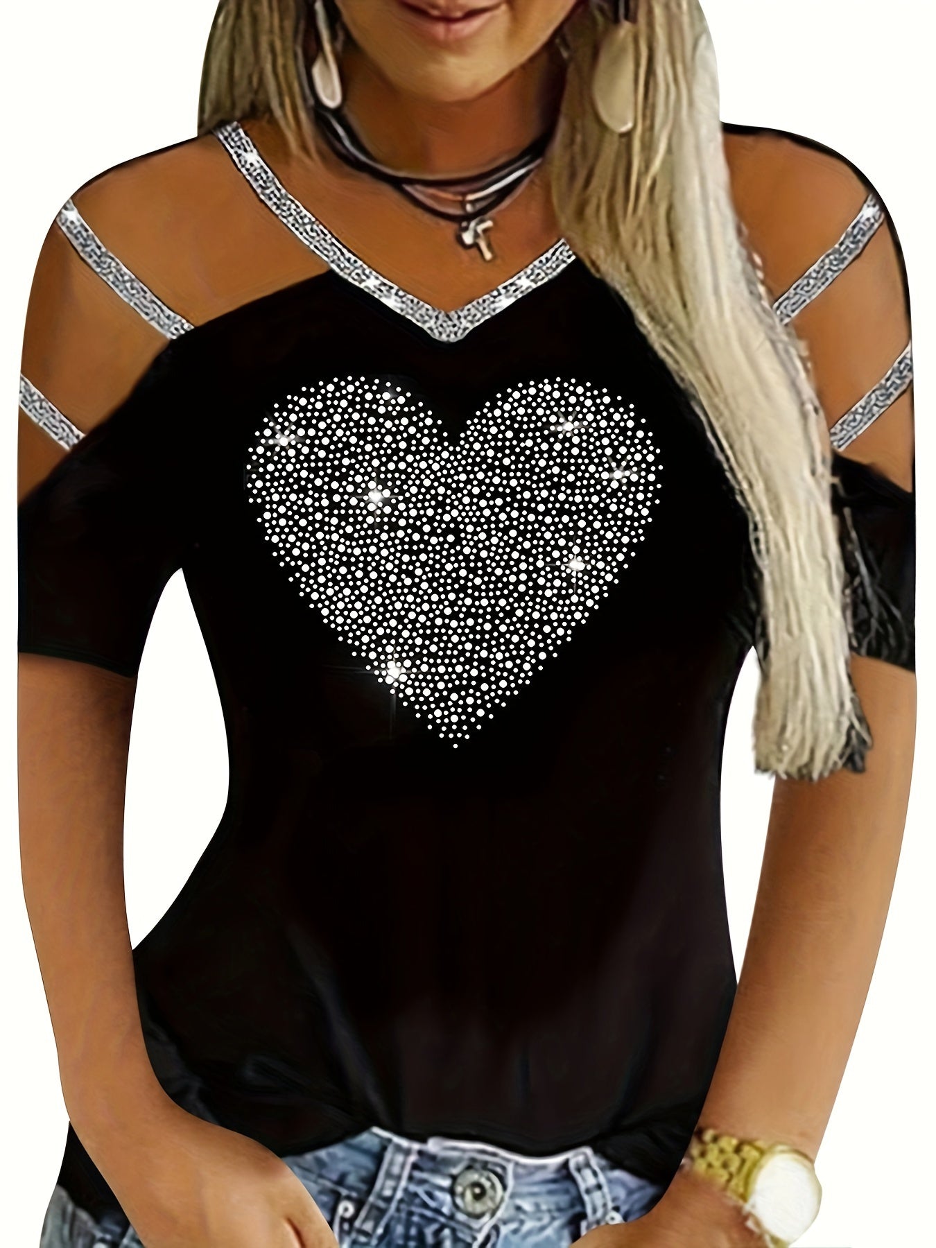 Plus Size Heart Rhinestone V Neck T-Shirt - Casual Cold Shoulder Tee with Medium Stretch Knit Fabric, Flared Hem, and Short Sleeves - Perfect for All Seasons