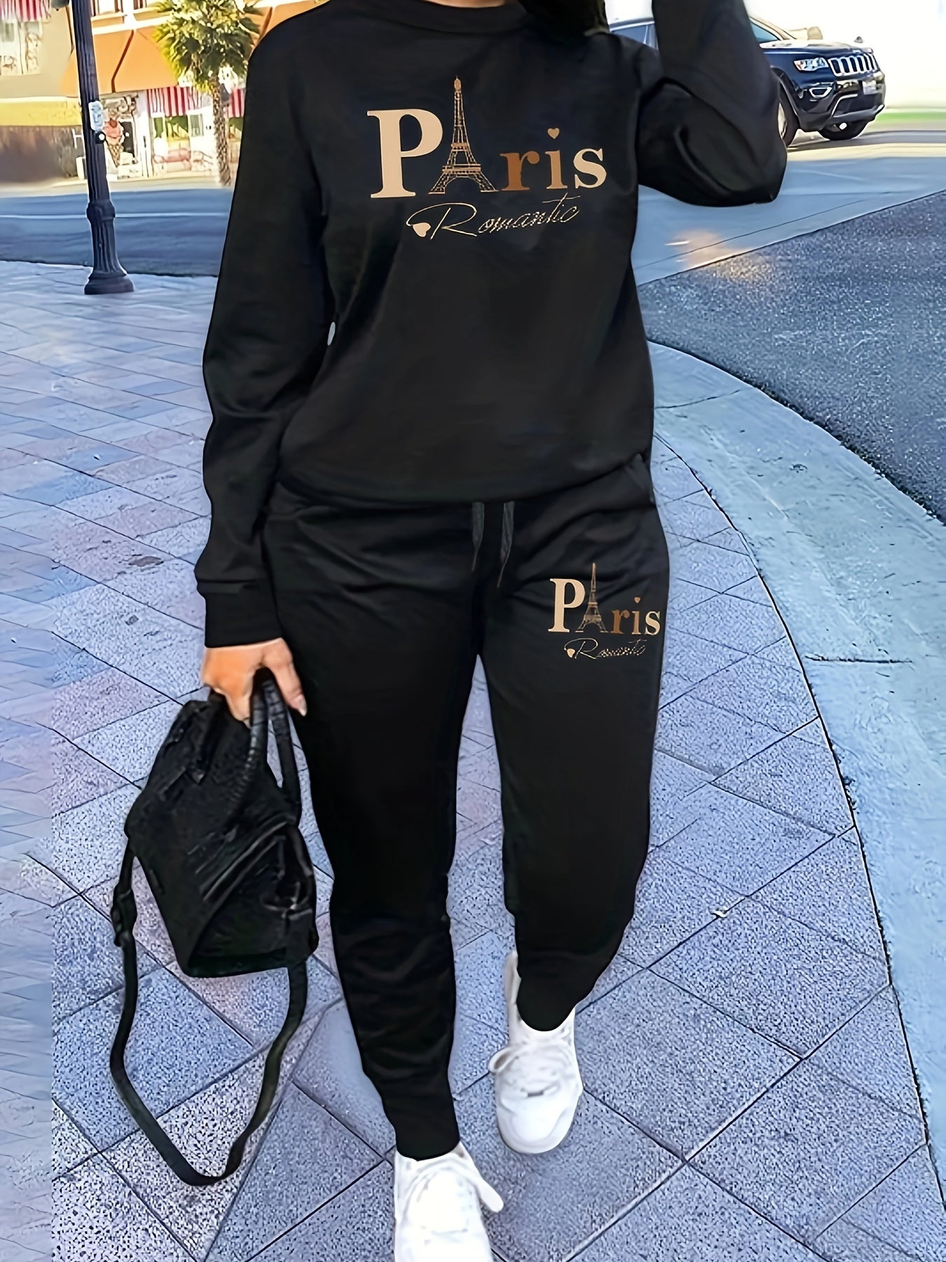 Plus Size Paris Letter Print Two-piece Set, Long Sleeve Crew Neck Sweatshirt & Pants Outfits, Women's Plus Size Clothing