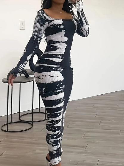 [Minimalist Chic] Elegant Black and White Tie-Dye Maxi Dress for Women - Chic Square Neck, Long Sleeves, Polyester Knit, Machine Washable Chic Le'Meek