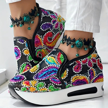 Abstract Print Side Lace-up Casual Wedge Sneakers - Without Anklet Chic Le'Meek