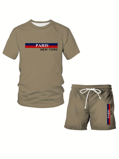 2PCS Men's Plus Size "Paris New York" Print Short Sleeve T-Shirt & Drawstring Shorts Set, Casual Crew Neck Tee And Pocket Beach Shorts, Athletic Leisure Outfit, Sporty & Casual Style