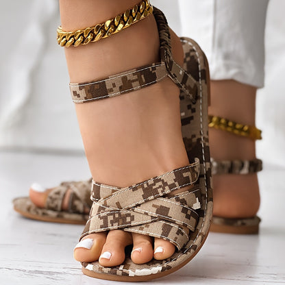 Stylish Camo Print Flat Sandals - Lightweight, Breathable, Elastic Crisscross Bands, Open Toe, Beach, Walking, and Everyday Wear