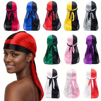 Silky Durag - Assorted Colors Satin Pirate Cap with Long Tail, Wide Straps, Elastic Breathable Head Wrap Chic Le'Meek