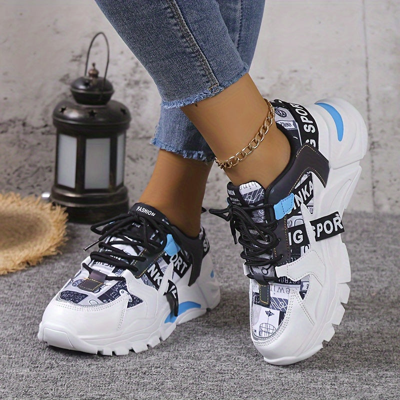 Women's Letter Pattern Casual Sneakers, Lace Up Platform Soft Sole Sporty Trainers, Lightweight Low-top Shoes