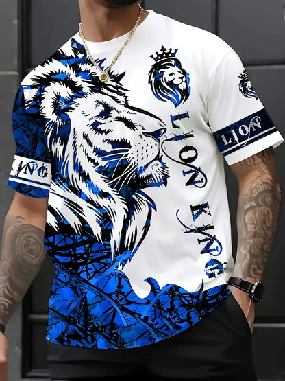 Stylish Men's T-Shirt with Striking Lion Graphic - Comfortable Short Sleeve Crew Neck - Ideal for Summer Outdoor Activities & Daily Wear