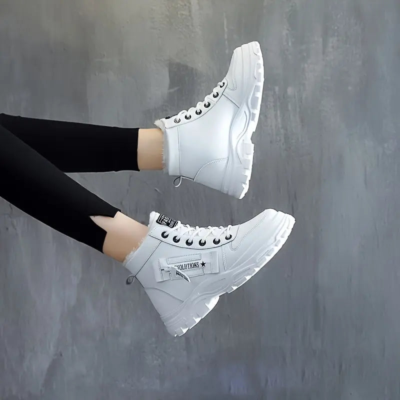[Warm Fleece-Lined Winter Boots] Warm Fleece-Lined Women's Winter High-Top Boots - Thick Rubber Sole, Lace-Up Casual Style, White & Beige, Perfect for Cold Weather Comfort Chic Le'Meek