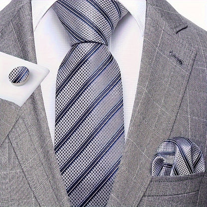 Sophisticated Men's Woven Striped Tie, Cufflink & Handkerchief Set - Perfect for Business, Parties & Gifting