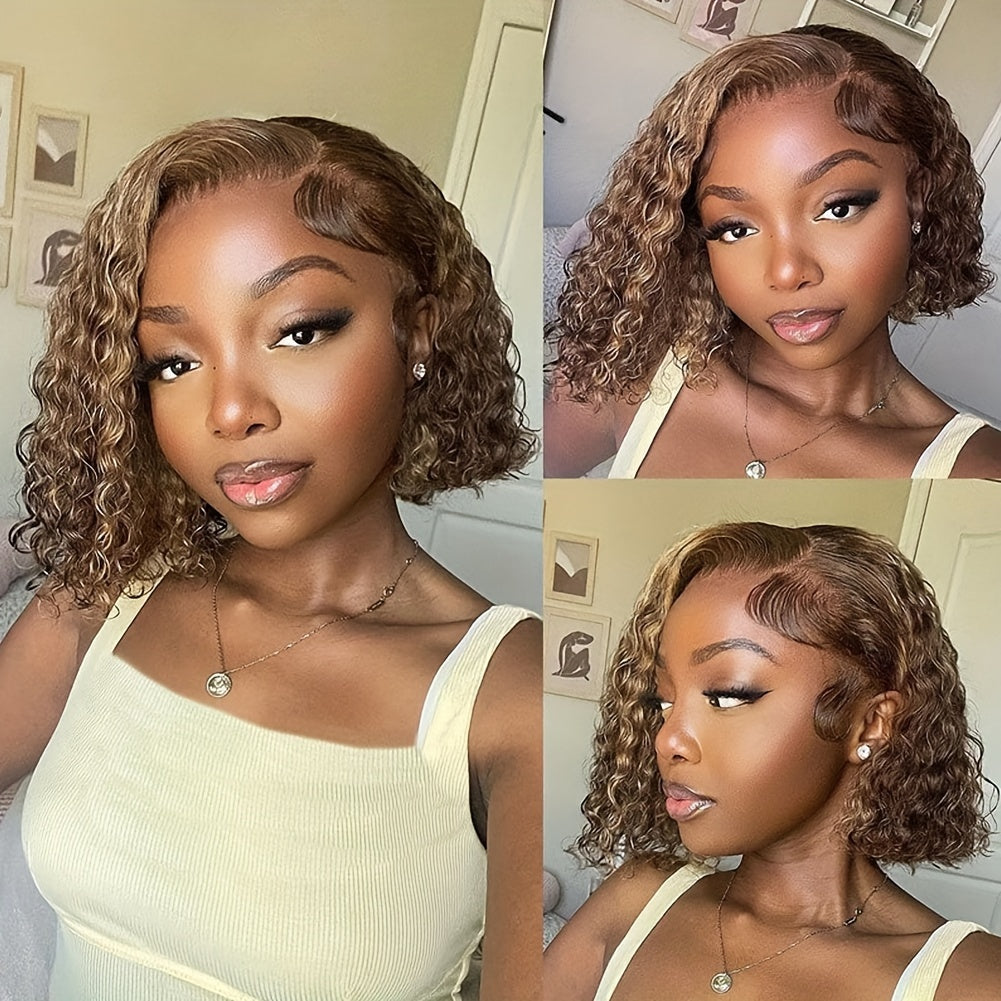 Curly Bob Wigs 13X4 Lace Front Wig Brazilian Remy Human Hair Wigs Blonde Brown Deep Wave Short Wig For Women 13x4 Lace Highlight Color 4/27 10-16inch 150%