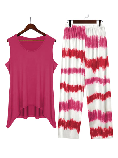 Plus Size Tie Dye Print Two-piece Set, Crew Neck Tank Top & Shorts Outfits