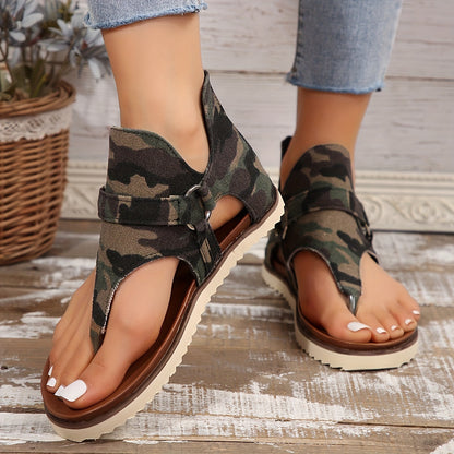 Stylish Women's Camouflage Sandals - Soft Fabric Material, Adjustable Straps, Open-Toe Design