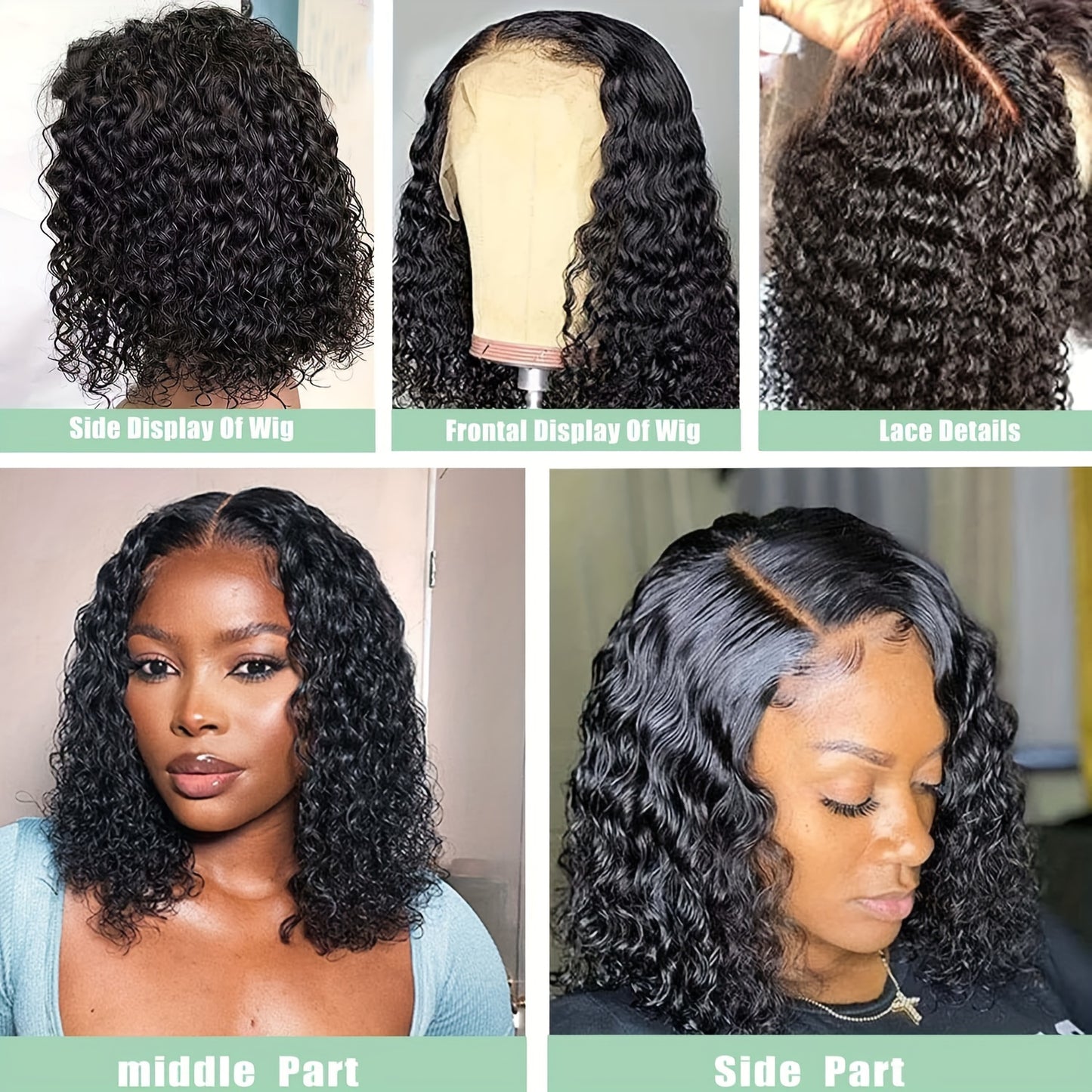 16 150% Density Deep Wave Curly Bob Wig - 13x4 Transparent Lace Front, Pre-Plucked Hairline, Natural Black, Baby Hair, Soft and Breathable, Suitable for All Women