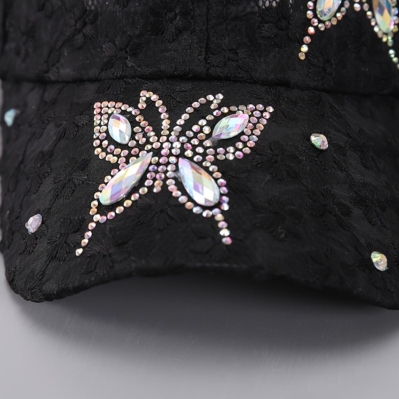 Adjustable Rhinestone Embellished Baseball Cap - Breathable, Knitted, Toggle Closure, Elegant Design for Women