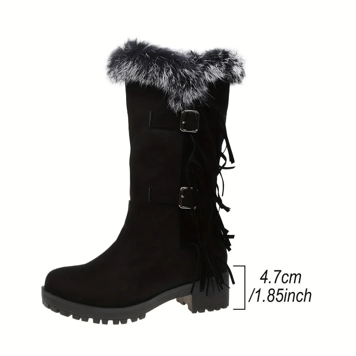 Women's Fluffy Pull On Boots, Platform Soft Sole Thermal Lining Winter Boots, Chunky Heel Tassel & Buckle Snow Boots for halloween Chic Le'Meek