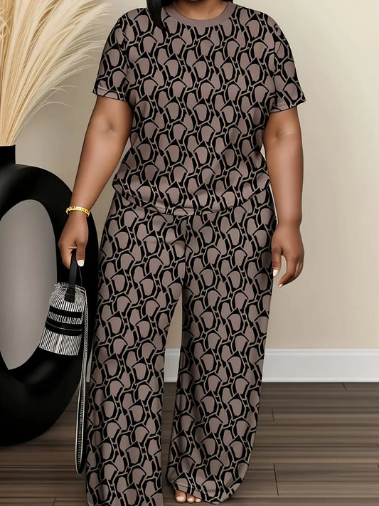 Plus-size Women's Two-piece Set Featuring Trendy Ethnic Digital Print with Round Neck Short Sleeves And Straight-leg Pants Chic Le'Meek