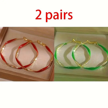 2 Pairs of Red and Green Earrings, Fashionable European and American Niche Temperament, Commuting High-end Retro Drip Oil Simple Geometric Earrings, Valentine's Day Birthday Gift, Women's Jewelry Clearance Chic Le'Meek
