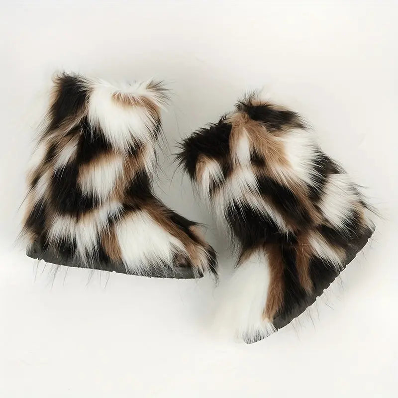 Women's Faux Fur Snow Boots, Trendy Slip On Mid Calf Boots, Women's Comfortable Winter Boots Chic Le'Meek