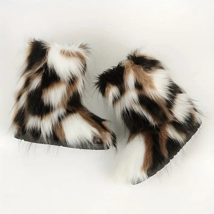 Women's Faux Fur Snow Boots, Trendy Slip On Mid Calf Boots, Women's Comfortable Winter Boots Chic Le'Meek