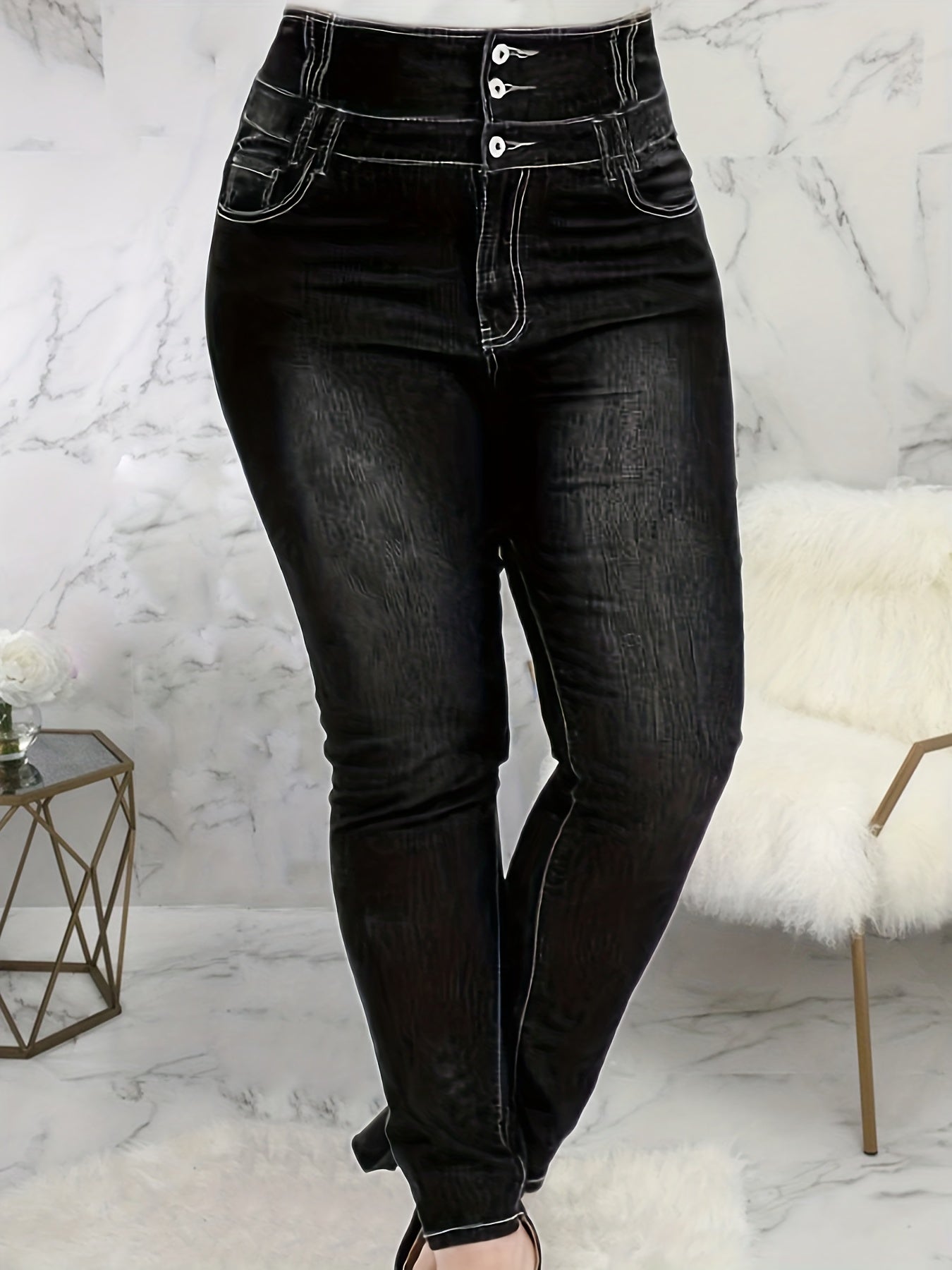 Plus Size High Waist Skinny Jeans - Ultra-Stretchy & Button-Up Design - Flattering Solid Color for Curvy Women