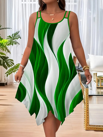 1pc Women'S Summer Casual Asymmetrical Hem Dress, Polyester 95% Spandex 5% Fabric, Crew Neck Slingback with Random Print Design Chic Le'Meek