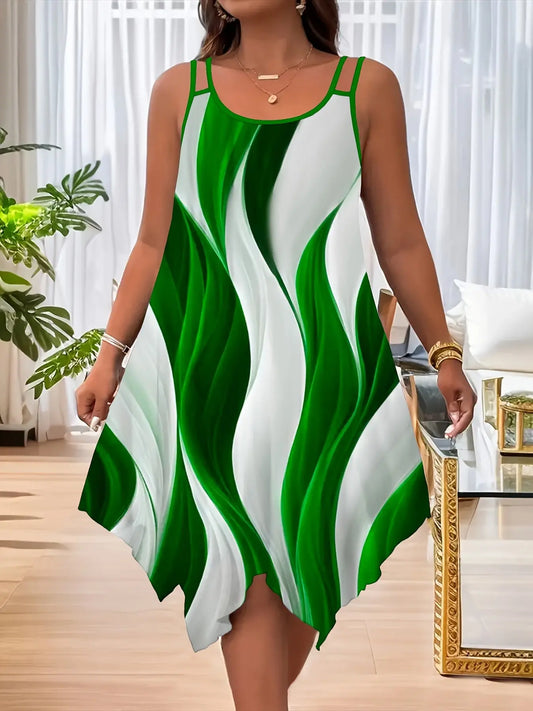 1pc Women'S Summer Casual Asymmetrical Hem Dress, Polyester 95% Spandex 5% Fabric, Crew Neck Slingback with Random Print Design Chic Le'Meek