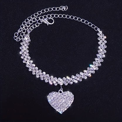 2pcs Luxury Design Glitter Rhinestone Heart Shape Love Anklet and Bracelet Set Women Party Wedding Engagement Jewelry Gift