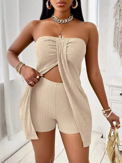 Solid Color Twisted Front Slit Green Off-shoulder Top And Shorts Set for Home Leisure, Seaside Vacation, Beach Travel Elegant And Romantic Women's Clothing, Suitable for Valentine's Day Date Carnival Chic Le'Meek