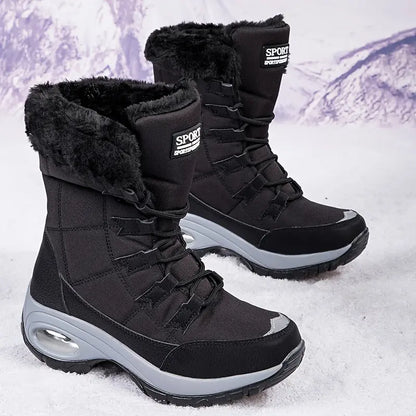 Warmth & Comfort Guaranteed: Womens Thickened Air Cushion Snow Boots - Flannel Lined, Non-Slip, Round Toe, PU Sole, Non-Woven Upper - Perfect for Hiking and Winter Activities Chic Le'Meek