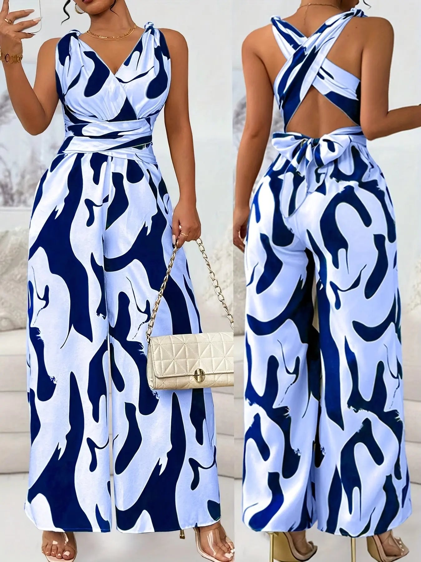 Women's Elegant Backless Jumpsuit with V-Neck & Cross Front Detail - Black & White Abstract Pattern Sleeveless Romper, Machine Washable Spring/Summer Party & Casual Outfit, Ladies Jumpsuit Chic Le'Meek