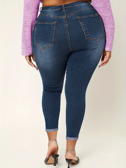 Plus Size Plain Skinny Fit Washed Blue Casual Style Zipper Button Closure Denim Pants, Women's Denim Jeans & Clothing