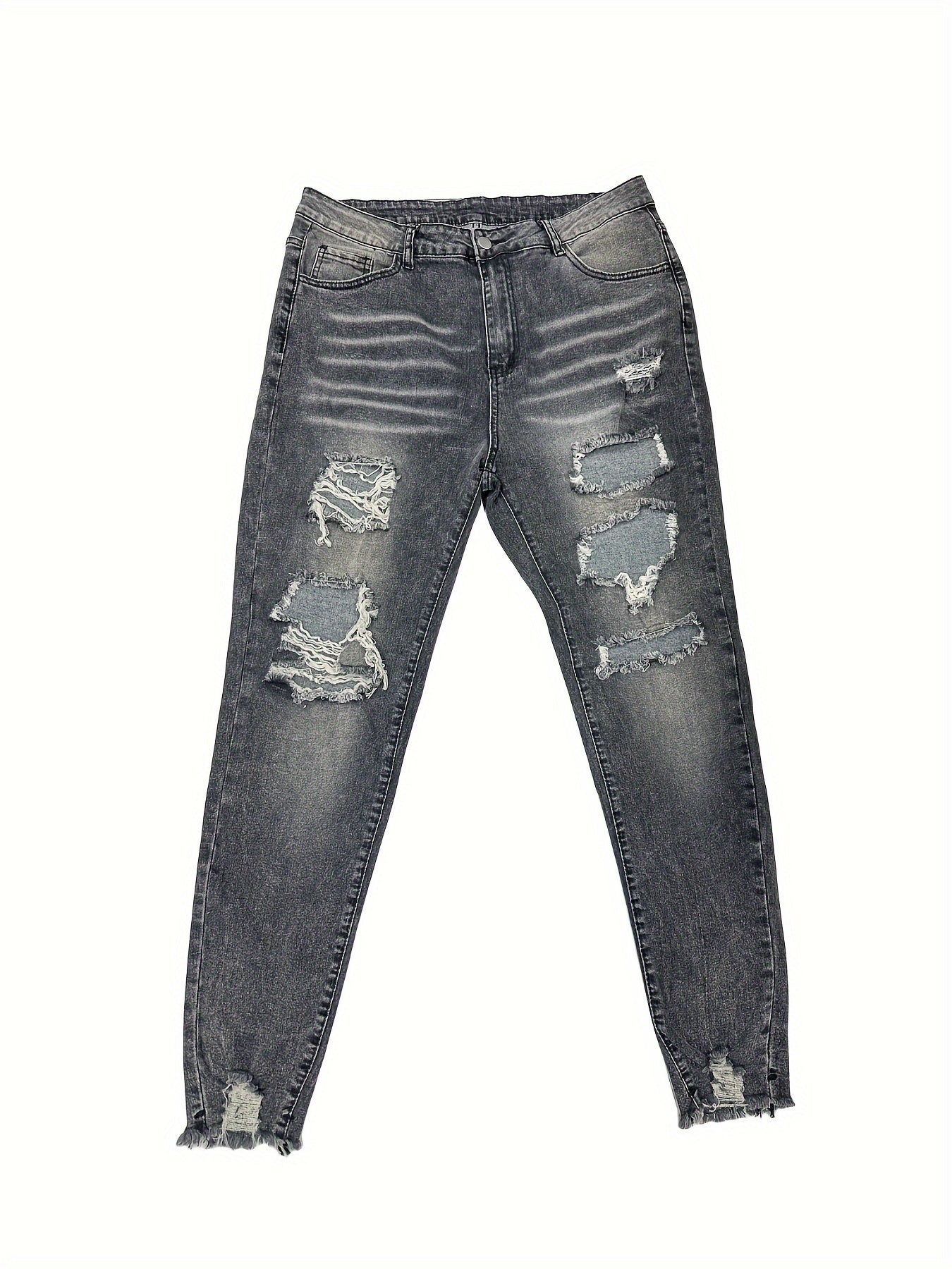 Plus Size Casual Jeans, Women's Plus Solid Distressed Ripped Raw Trim Button Fly High Rise High Stretch Skinny Jeans