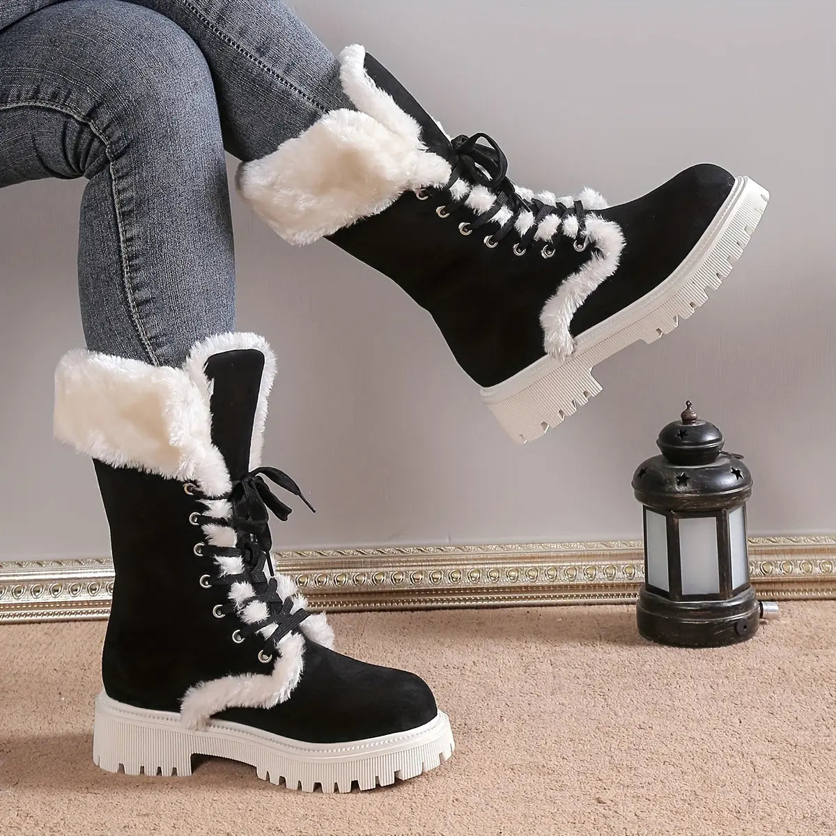 Women's Fashion Casual Lace-Up Mid-Calf Boots with Plush Lining, Round Toe Chunky Low Heel - Velvet Upper, Fabric Lining, TPR Sole Chic Le'Meek