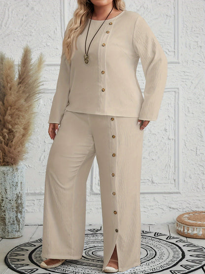 Plus Size Two-Piece Set - Crew Neck Long Sleeve Top & Pants Outfits with Fake Buttons,  Machine Washable, Solid Color, Middle East Style