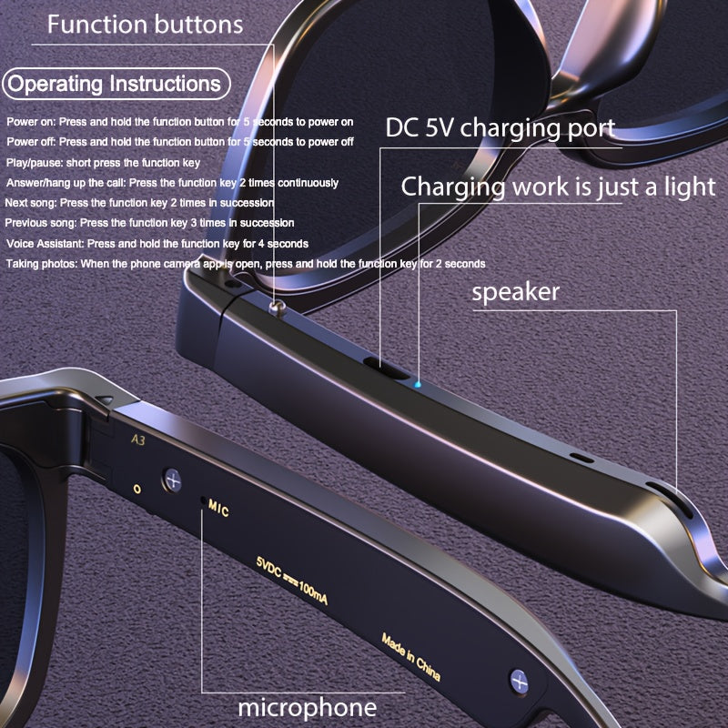 Smart glasses featuring UV400 protection, polarized lenses, a built-in microphone and speaker, physical buttons, a voice assistant, and a large-capacity battery