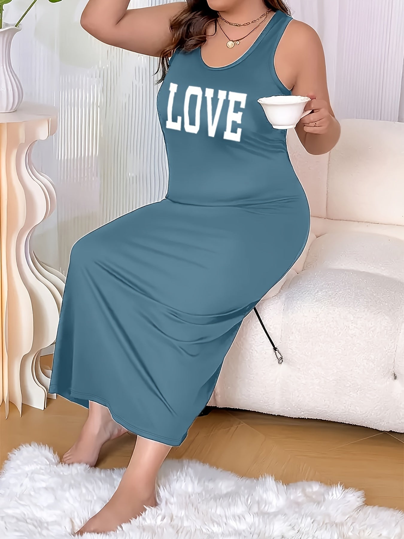 Comfortable Plus Size Womens Letter Print Lounge Dress - Round Neck, Loose Tank Style Nightdress for Casual Chic