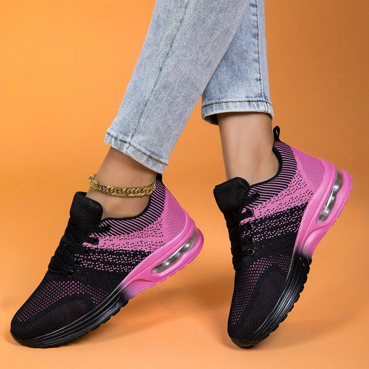 Women's Plus Size Air Cushion Sneakers - Breathable Mesh & Stabilizing Support, All-Season Comfort Casual Running & Fitness Shoes, Stylish Red Sneakers with PU Sole & Fabric Lining, Ladies Sneakers, Vibrant Gradient Design, F Chic Le'Meek